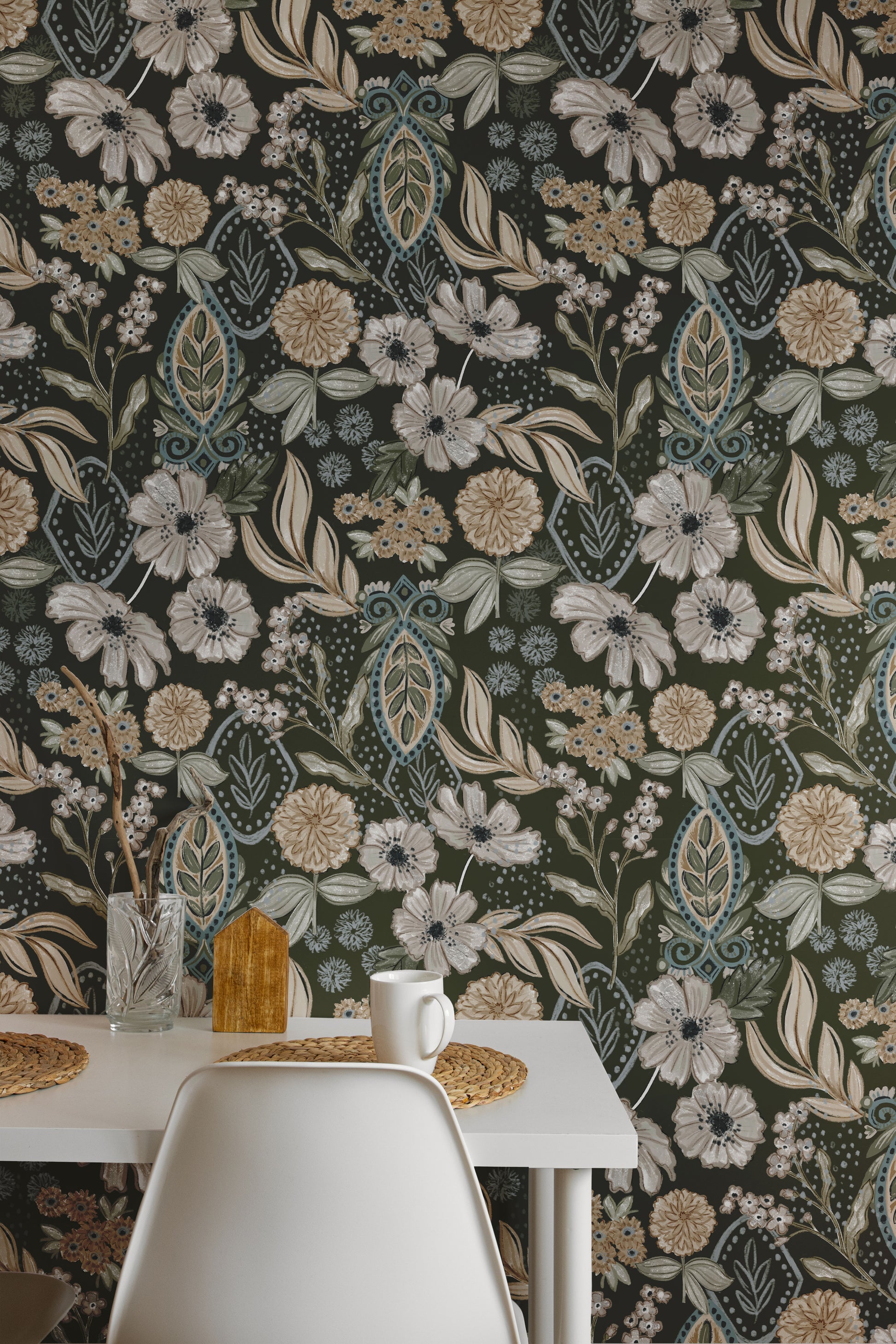 Floral wallpaper with a table and chairs in the foreground