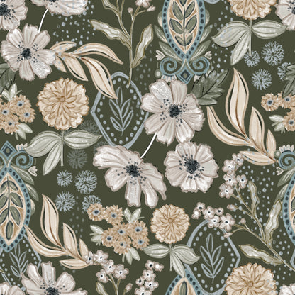 Floral pattern with flowers and leaves on a green background