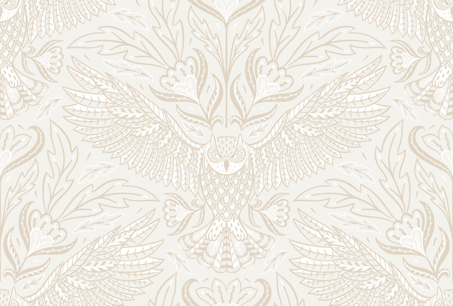 Decorative pattern with owl and floral elements on a light background