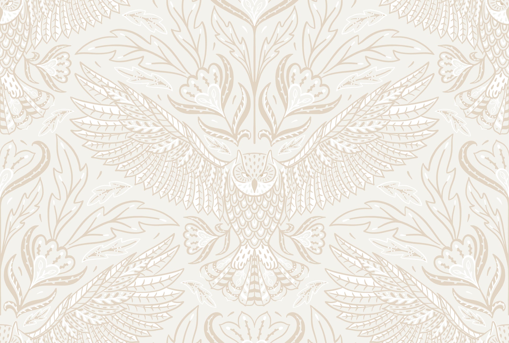 Decorative pattern with owl and floral elements on a light background