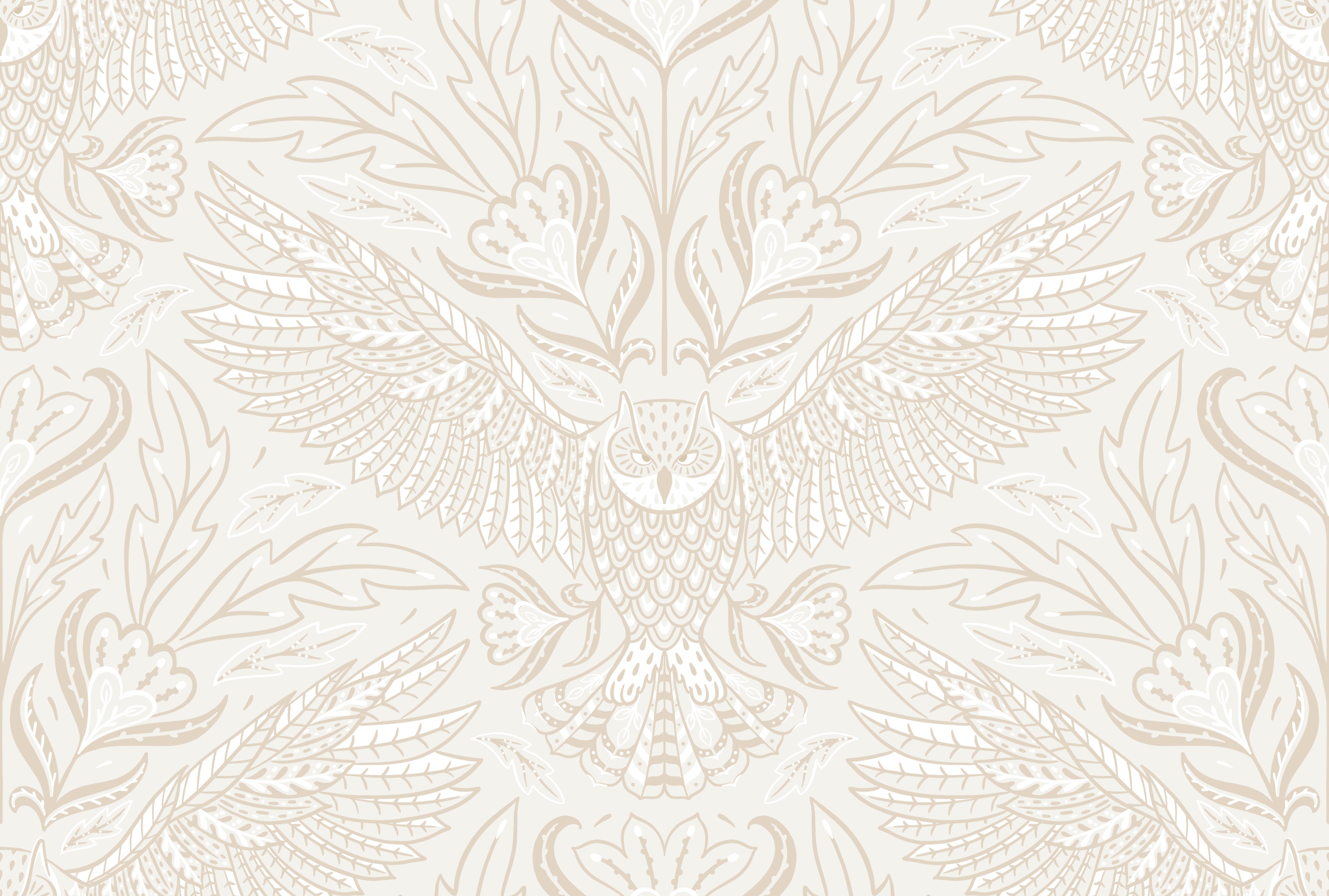 Decorative pattern with owl and floral elements on a light background