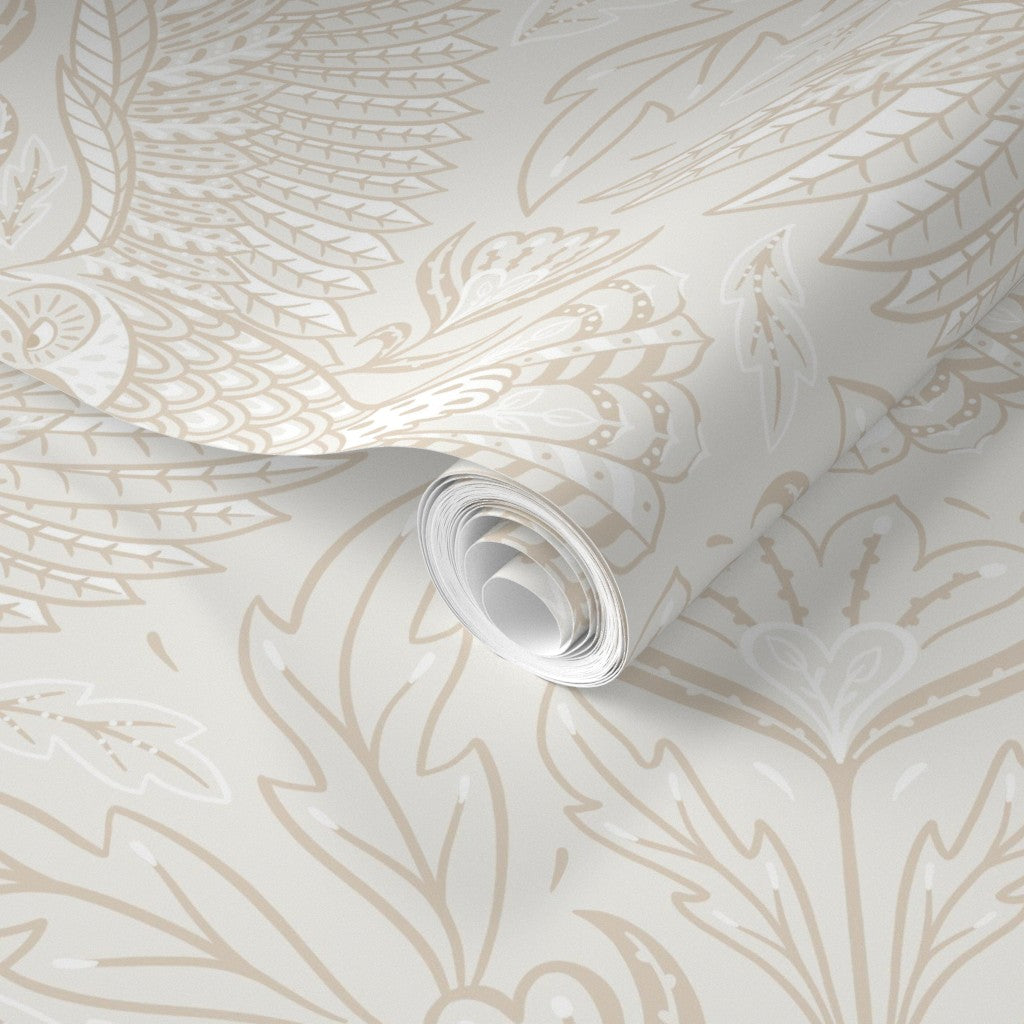 Roll of wallpaper with decorative leaf pattern on a light background