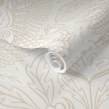 Roll of wallpaper with decorative leaf pattern on a light background
