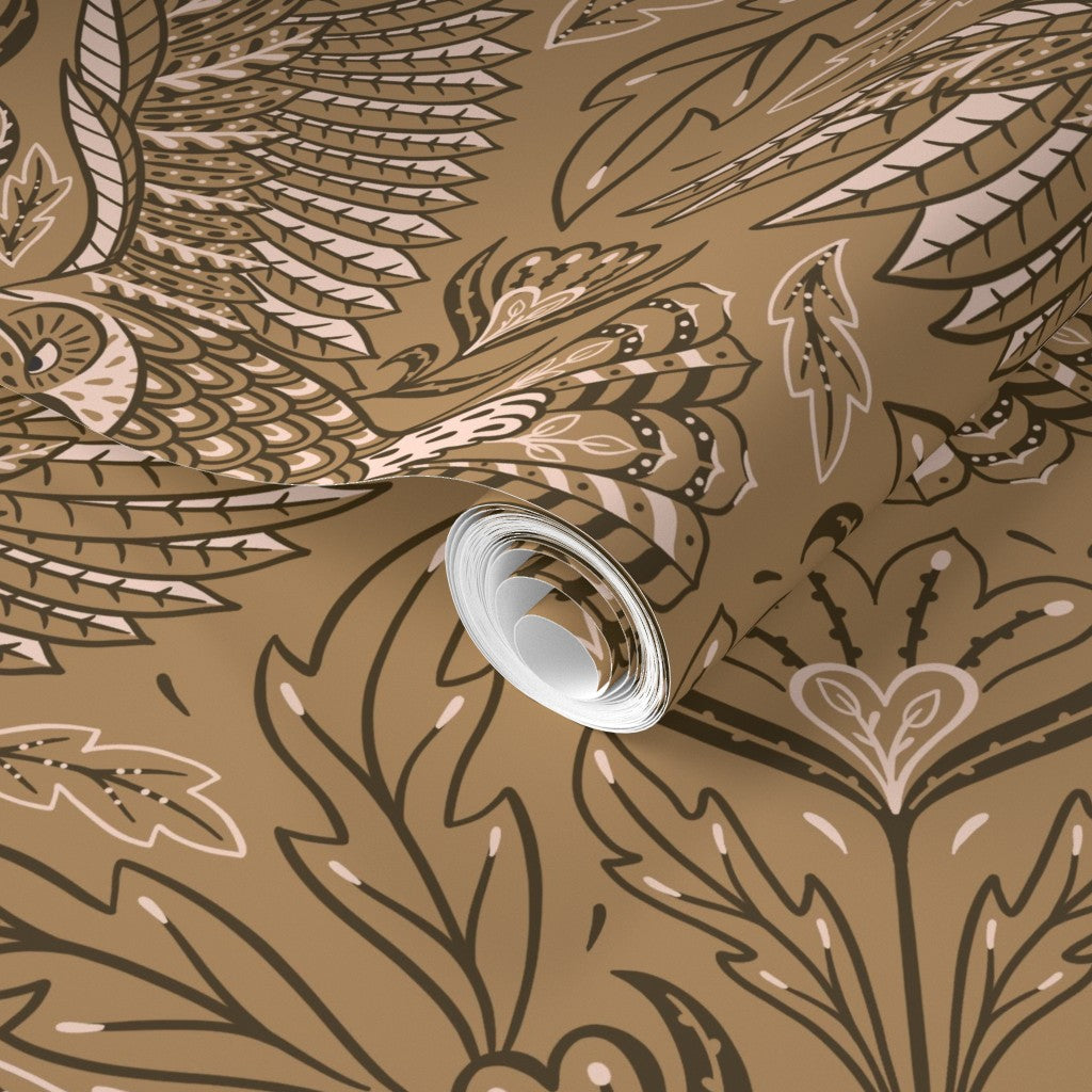 Decorative wallpaper with intricate leaf pattern on a brown background