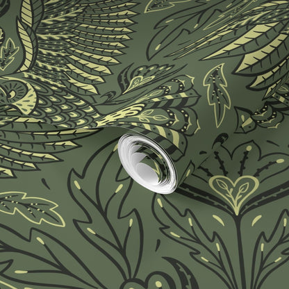Roll of wallpaper with a green pattern on a green background