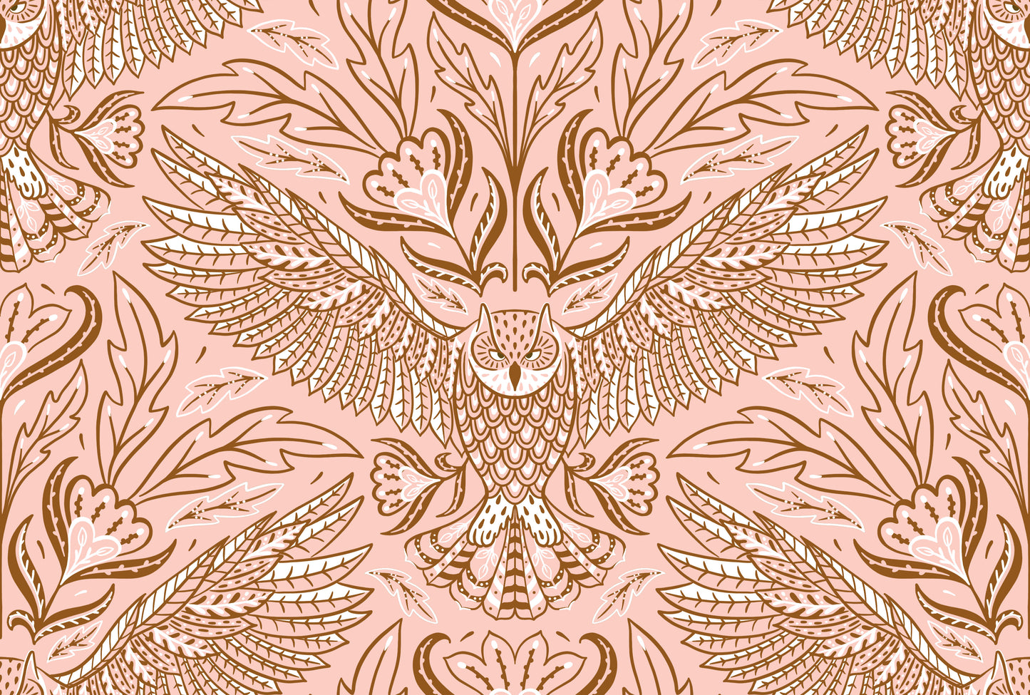 Decorative pattern with owls and leaves on a pink background
