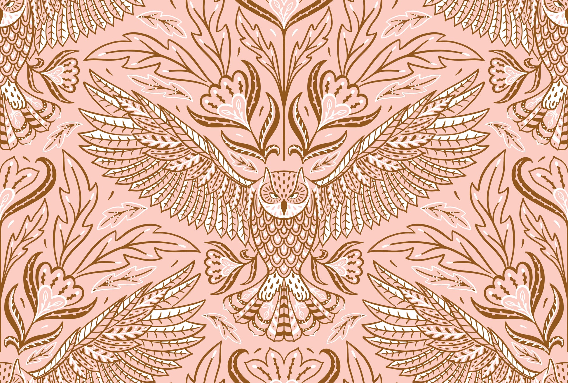 Decorative pattern with owls and leaves on a pink background