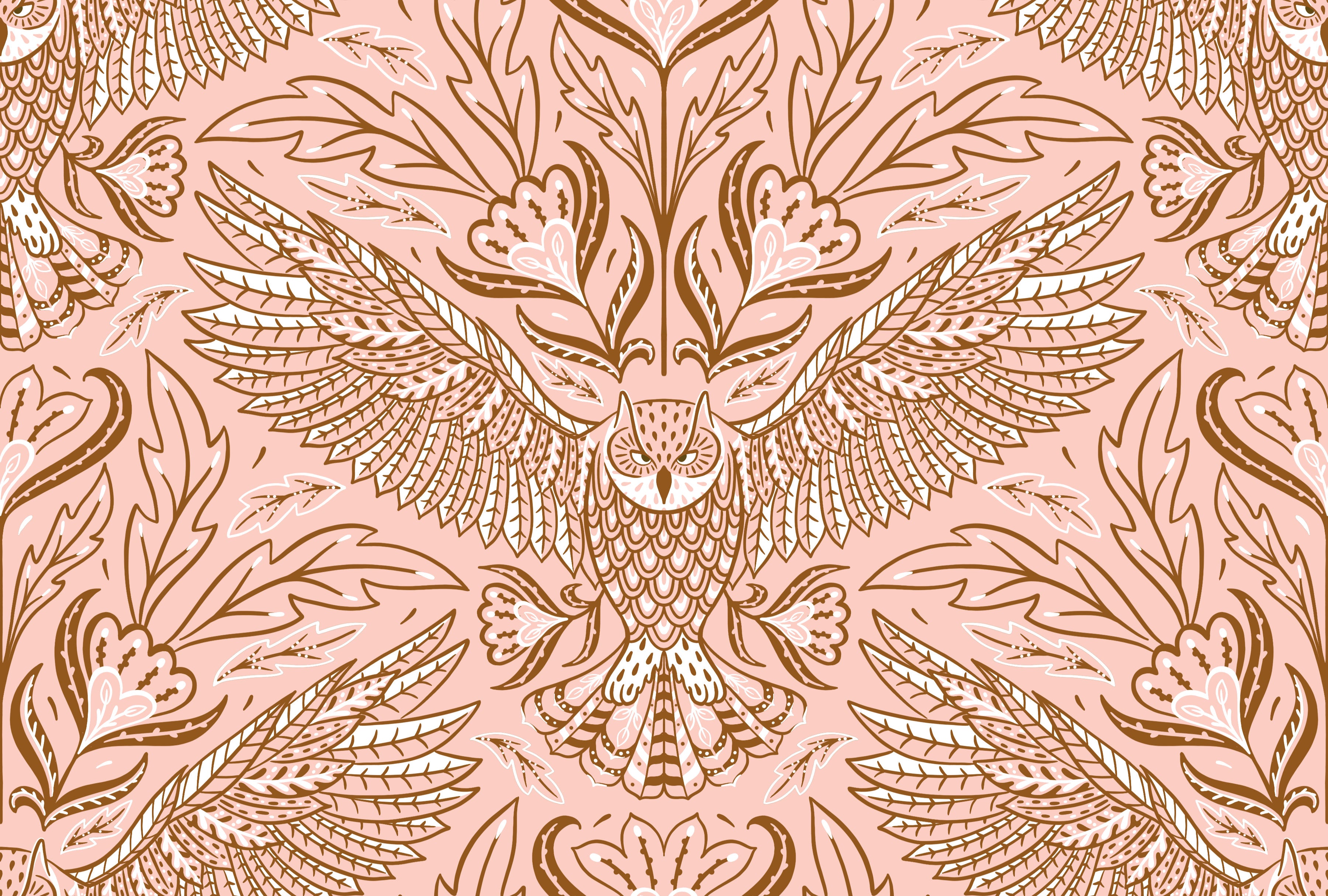 Decorative pattern with owls and leaves on a pink background
