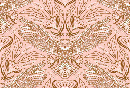 Decorative pattern with owls and leaves on a pink background