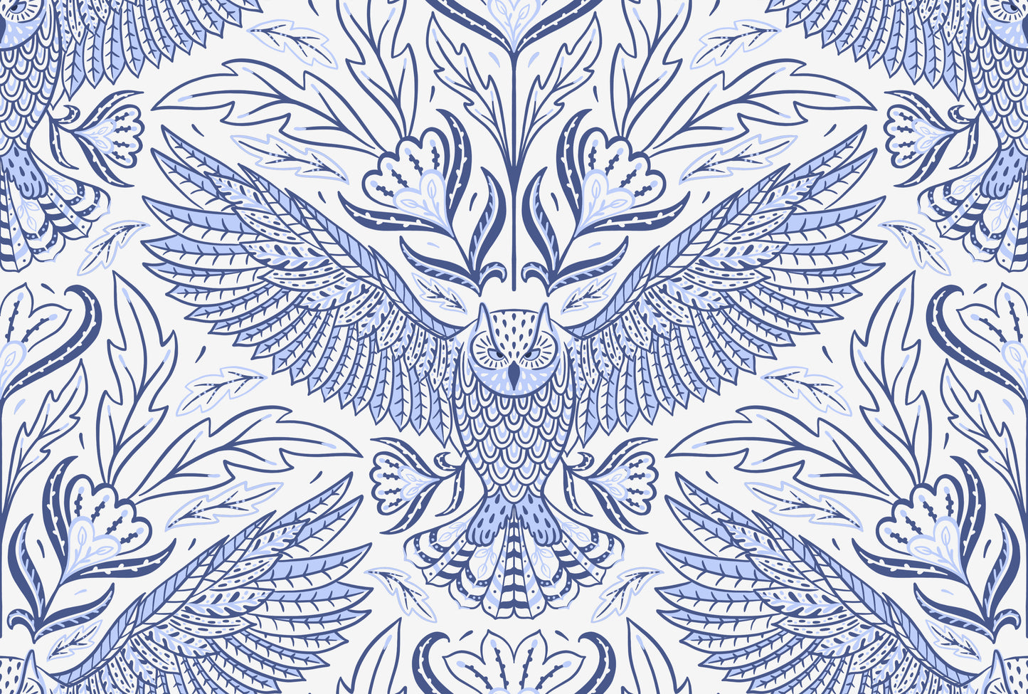 Decorative pattern with blue birds and leaves on a white background