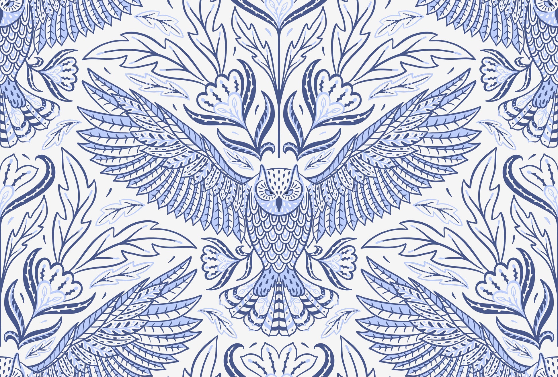 Decorative pattern with blue birds and leaves on a white background