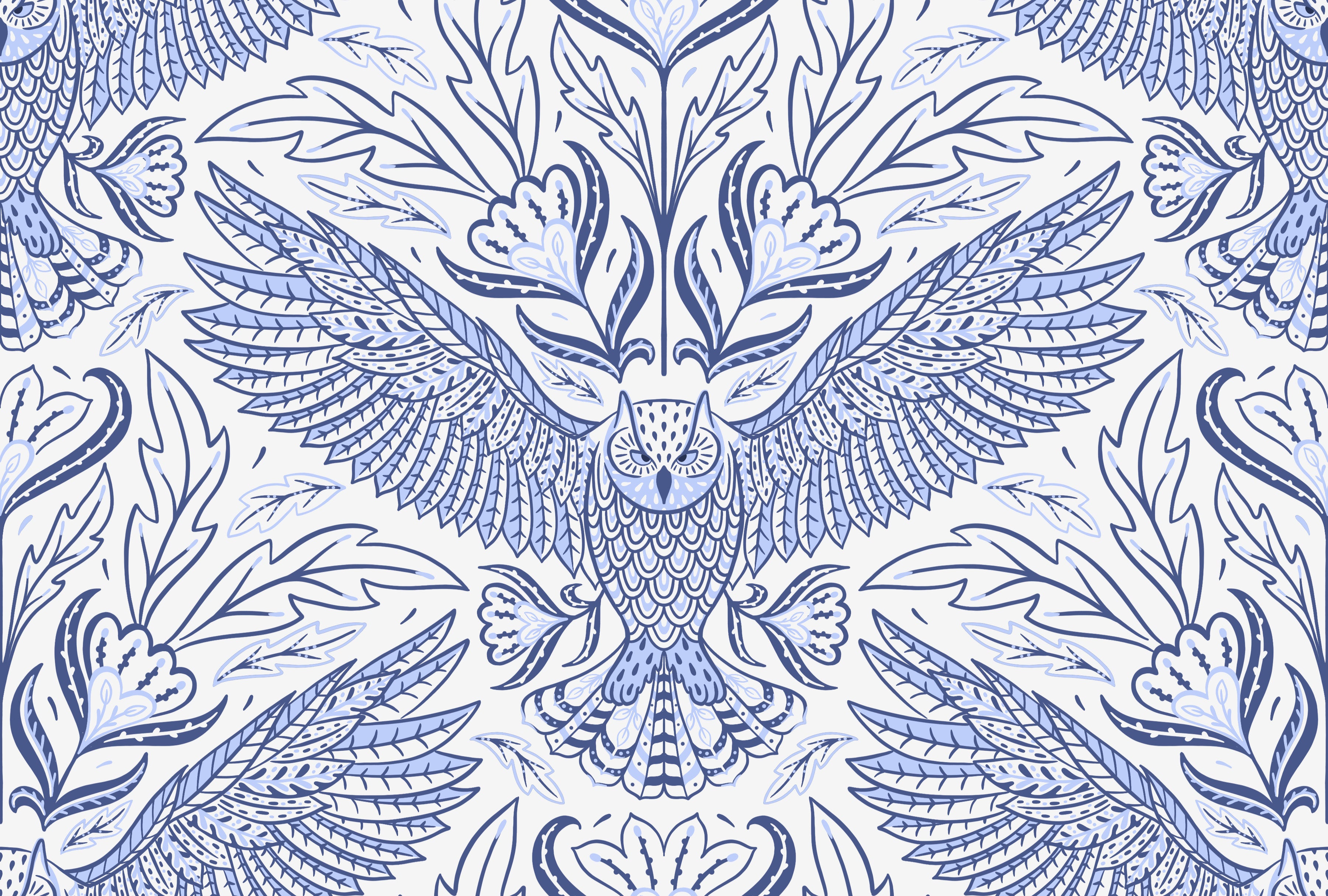 Decorative pattern with blue birds and leaves on a white background