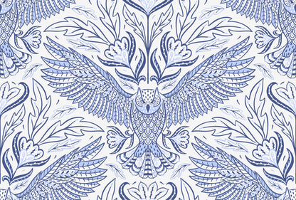 Decorative pattern with blue birds and leaves on a white background