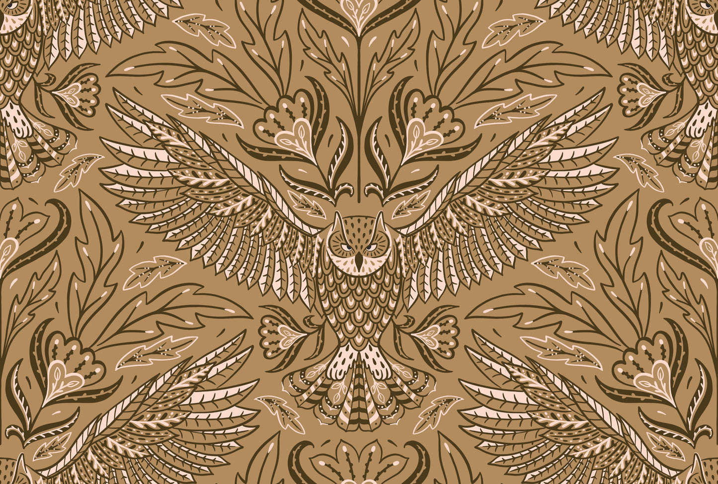 Decorative pattern with an owl design on a brown background