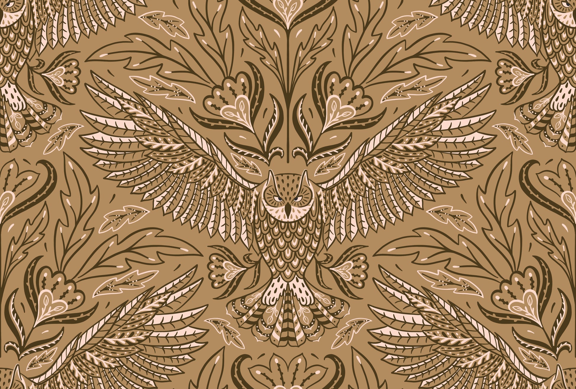 Decorative pattern with an owl design on a brown background
