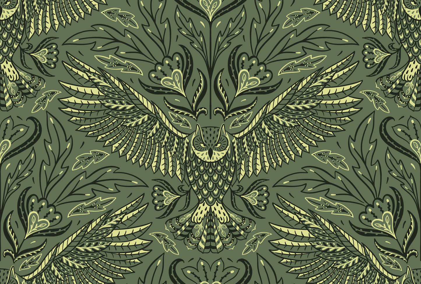 Decorative pattern with an owl design on a green background