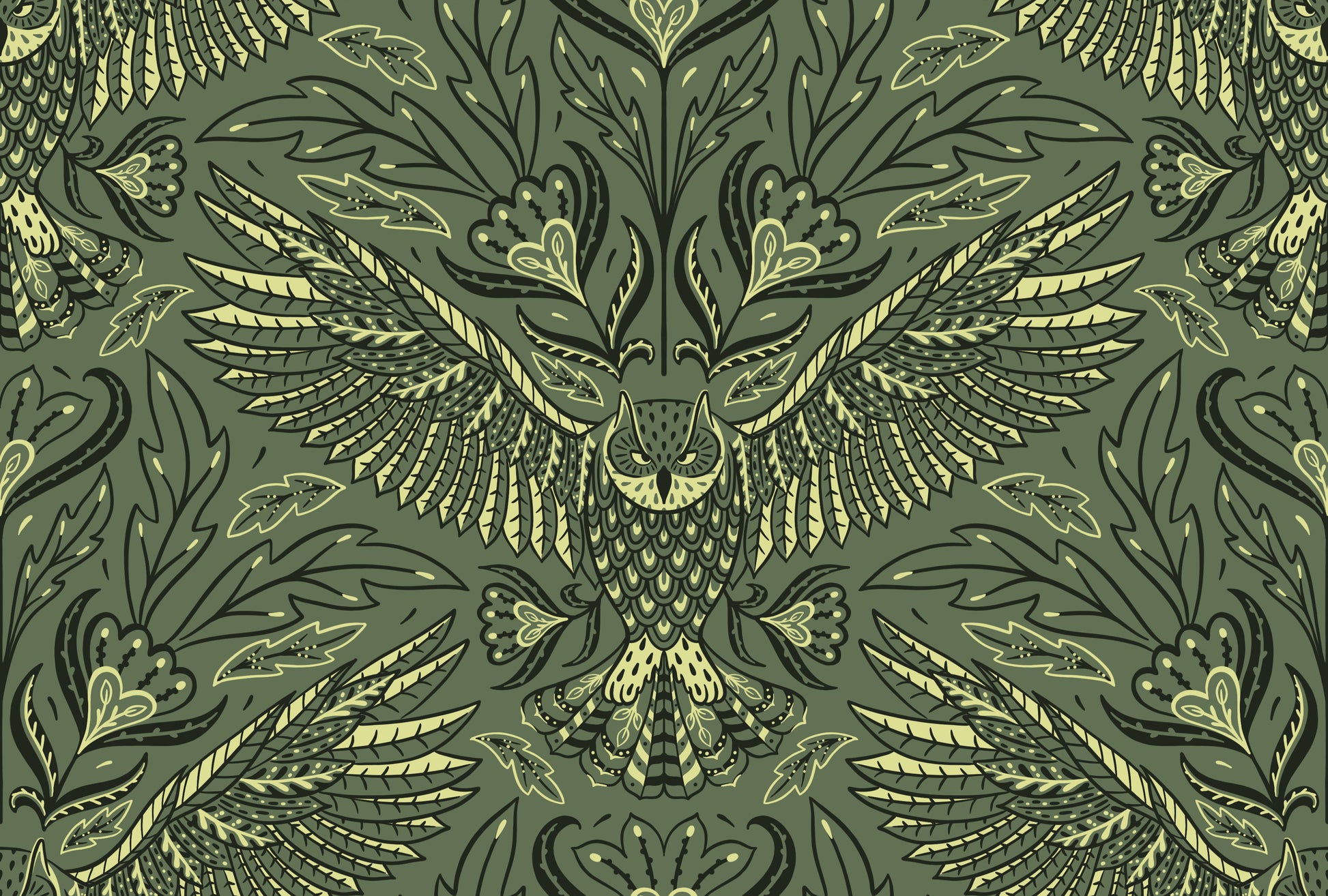 Decorative pattern with an owl design on a green background