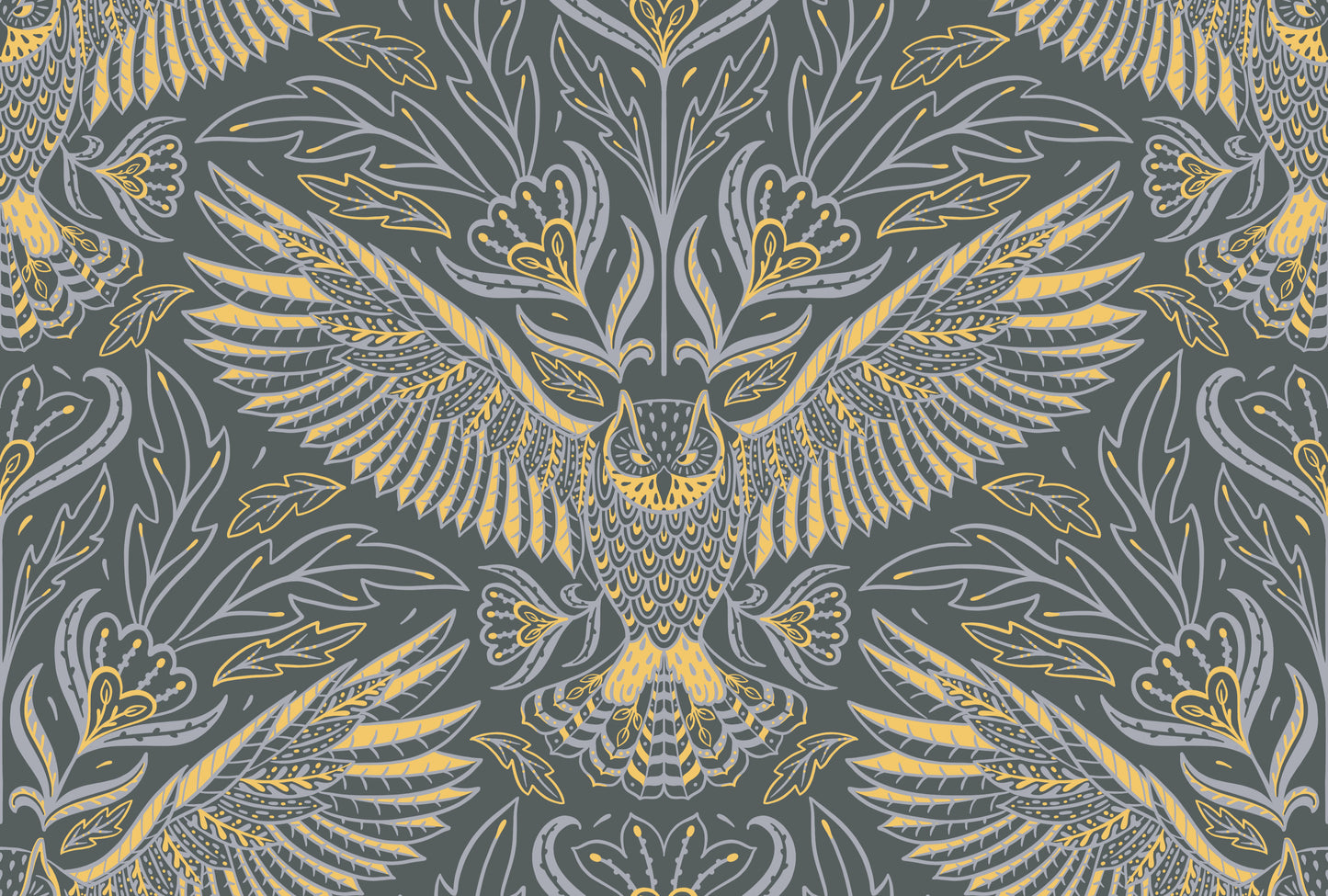Decorative fabric pattern with gold and gray owl design on a dark background