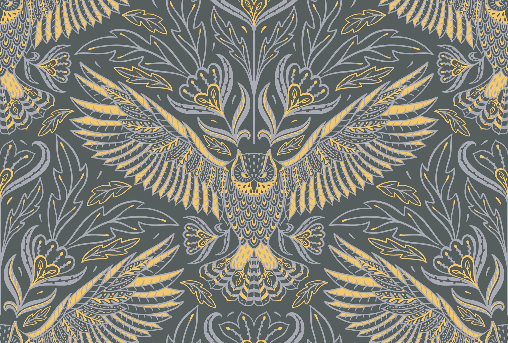 Decorative fabric pattern with gold and gray owl design on a dark background