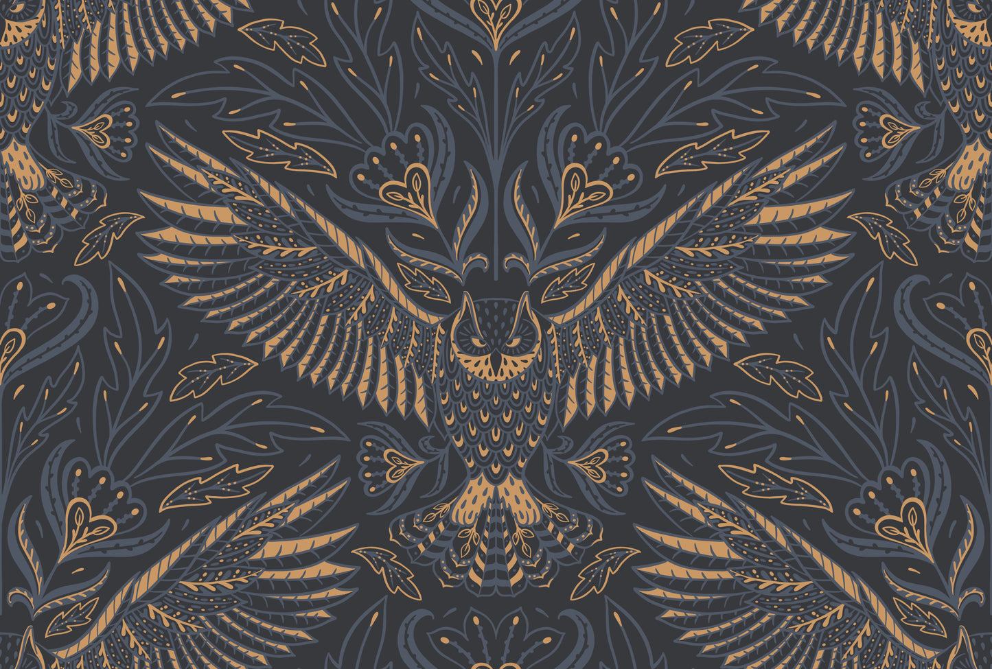 Decorative pattern with a central design of a owl and leaves on a dark background