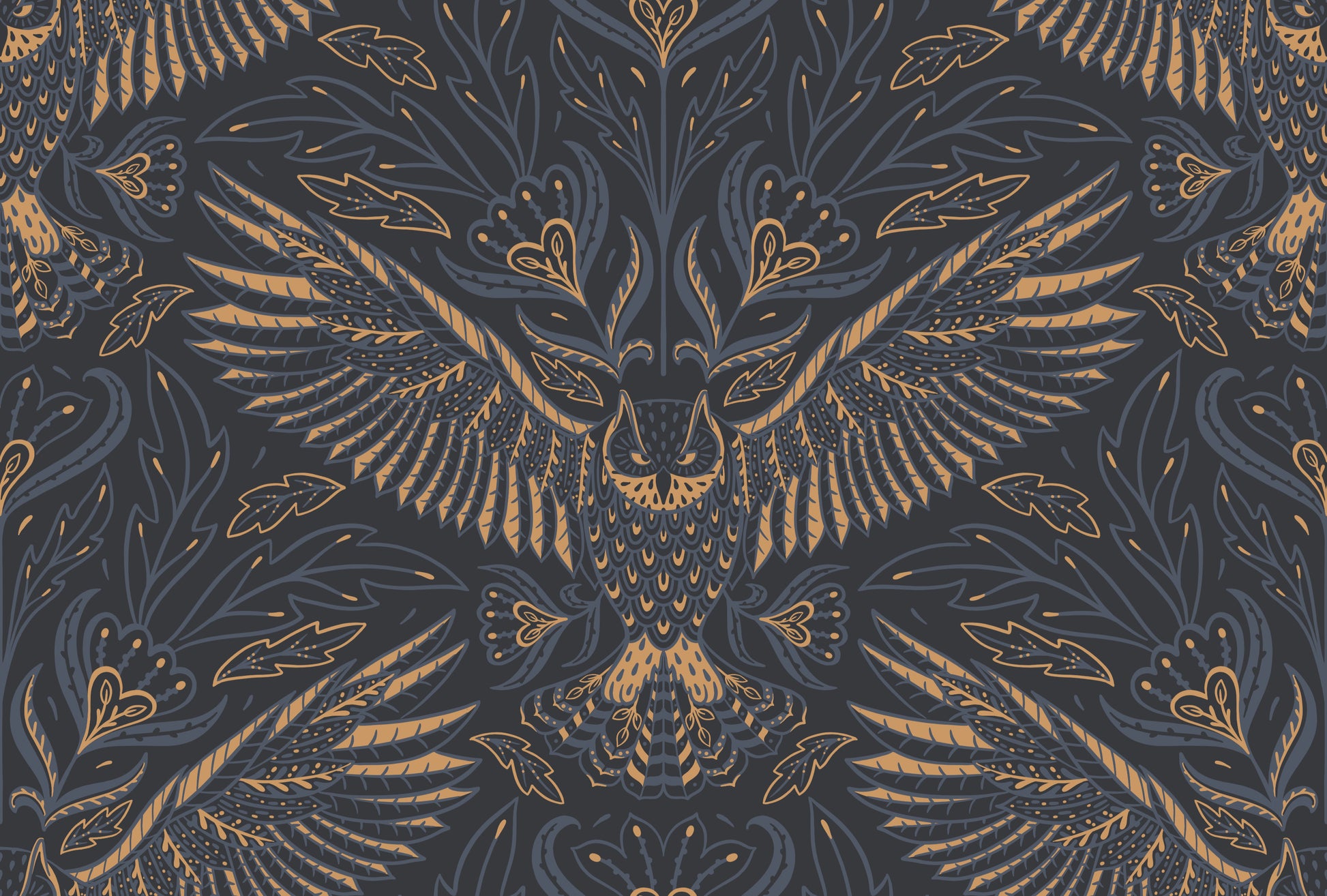 Decorative pattern with a central design of a owl and leaves on a dark background
