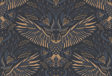 Decorative pattern with a central design of a owl and leaves on a dark background