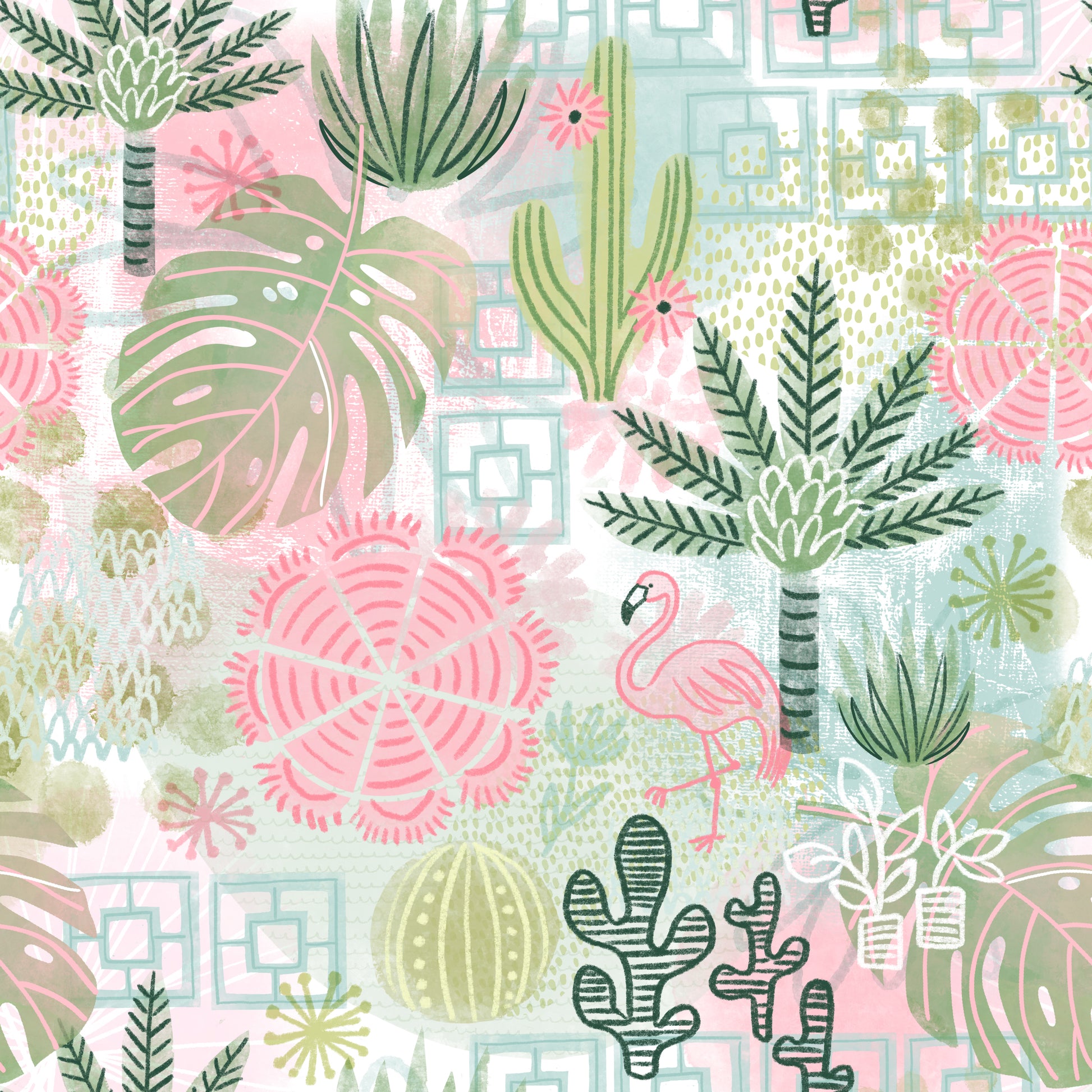 Tropical pattern with palm trees, flamingos, and cacti on a light blue background