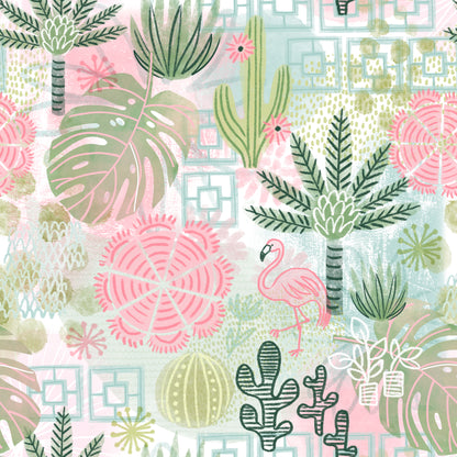 Tropical pattern with palm trees, flamingos, and cacti on a light blue background