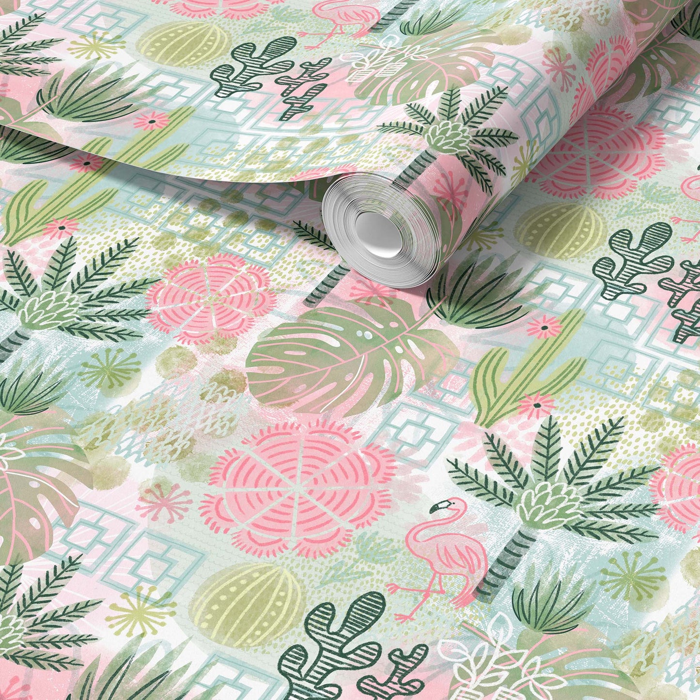 Roll of decorative paper with a tropical plant and flamingo pattern
