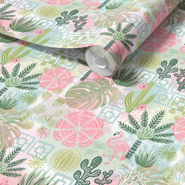 Roll of decorative paper with a tropical plant and flamingo pattern