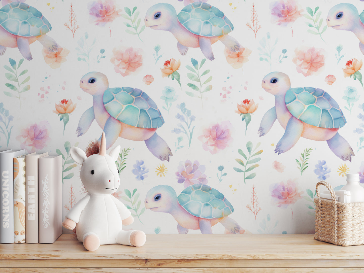 Pastel Turtles peel and stick wallpaper room mockup