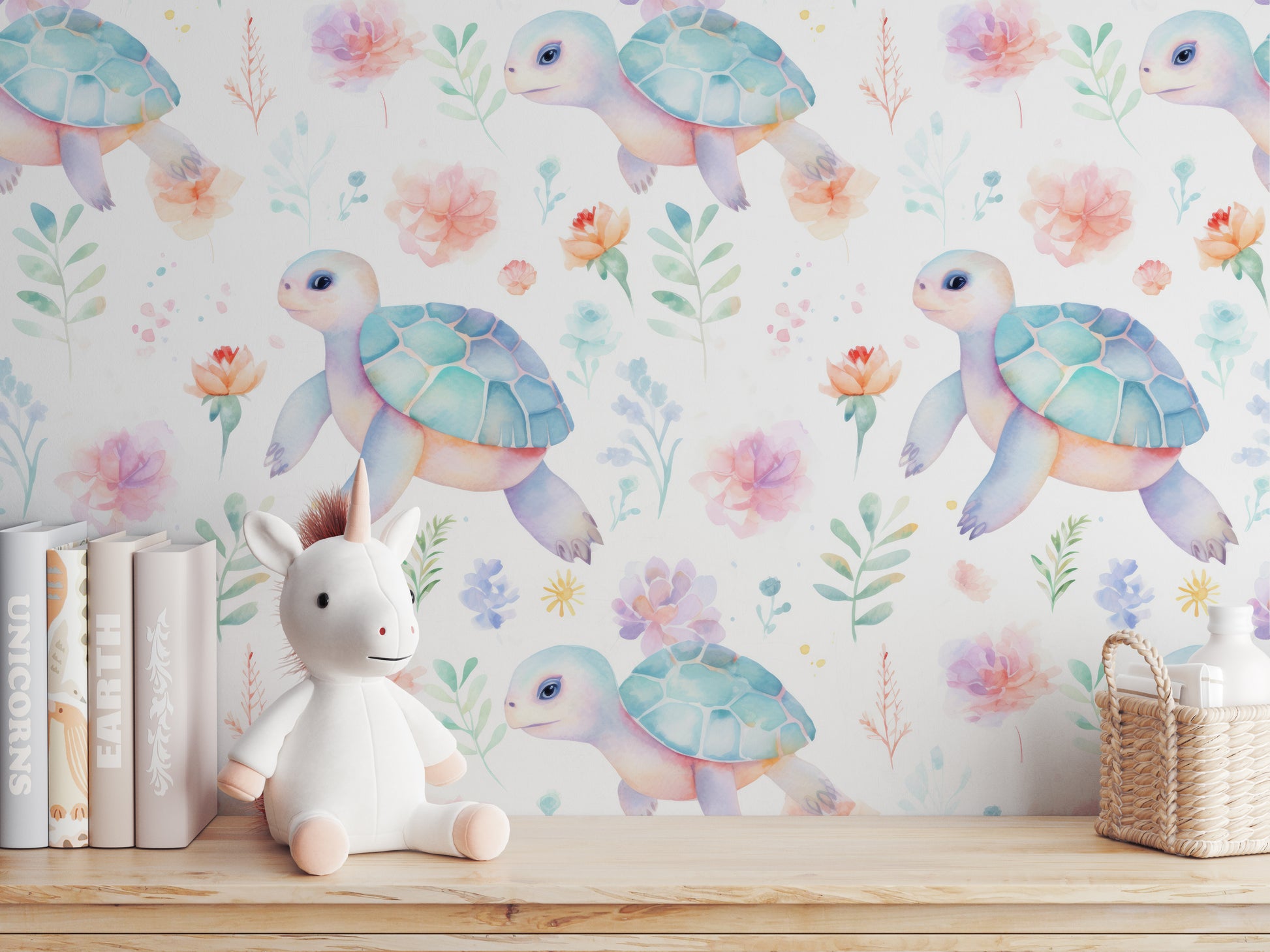 Pastel Turtles peel and stick wallpaper room mockup