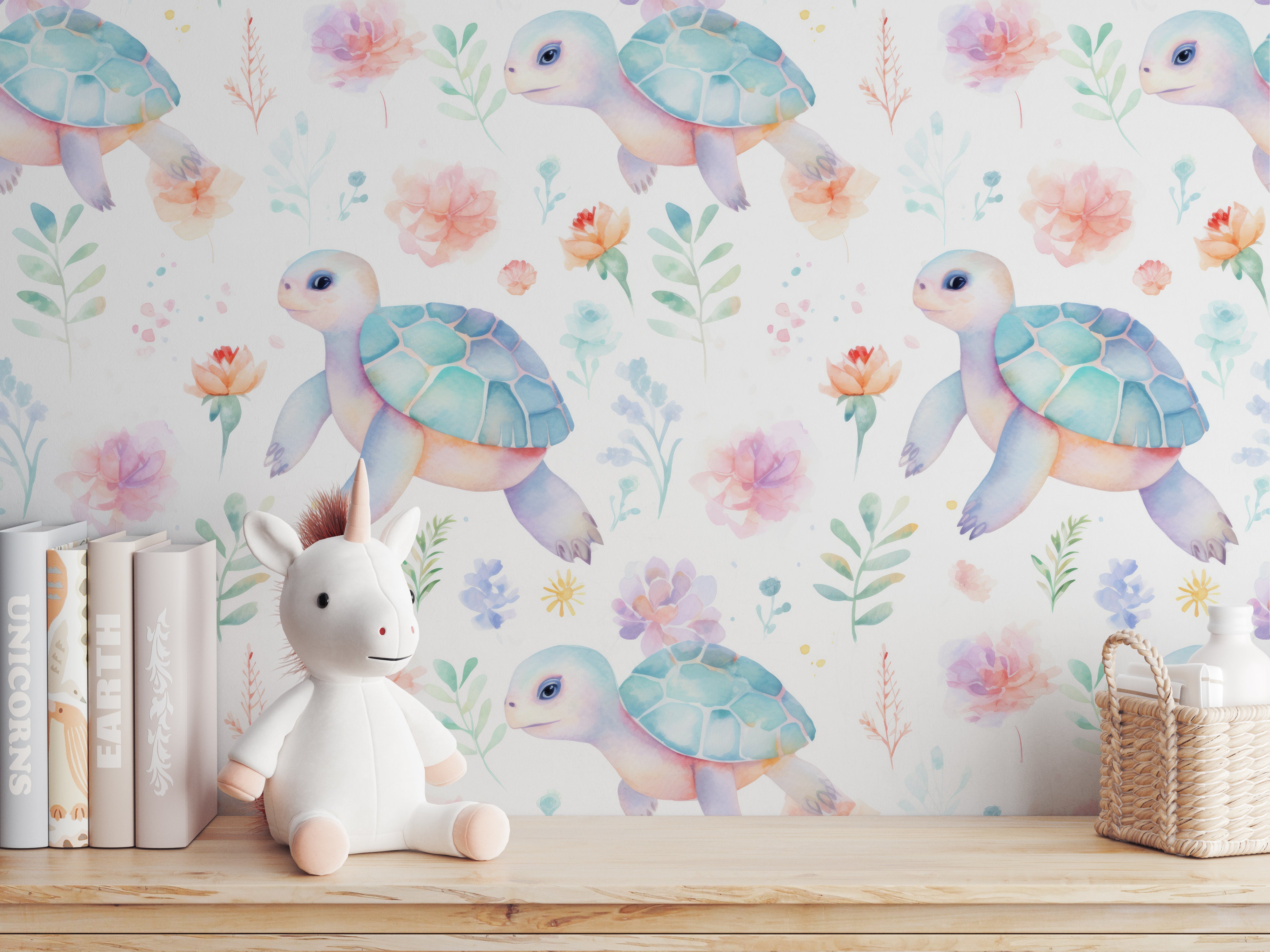 Pastel Turtles peel and stick wallpaper room mockup