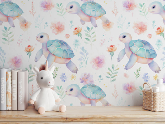Pastel Turtles peel and stick wallpaper room mockup