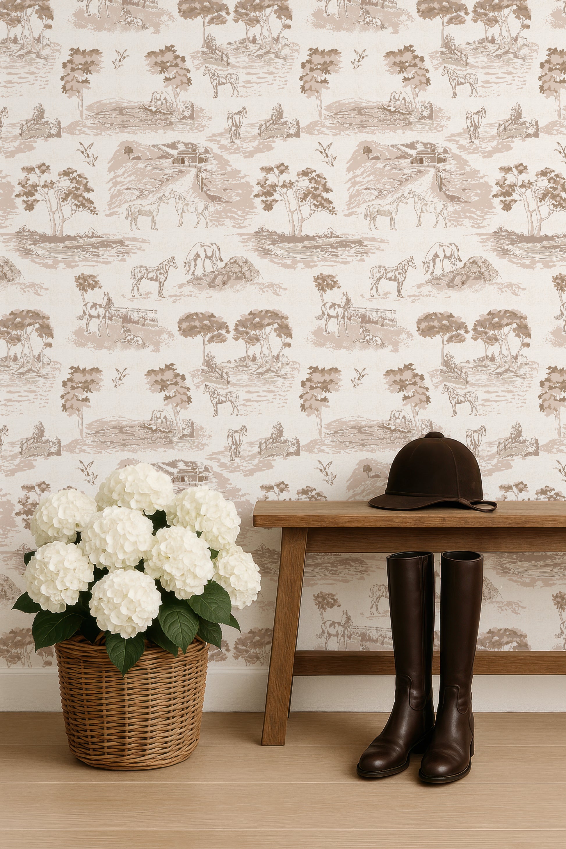Pastoral Horses Equine Toile Bronze peel and stick wallpaper room mockup
