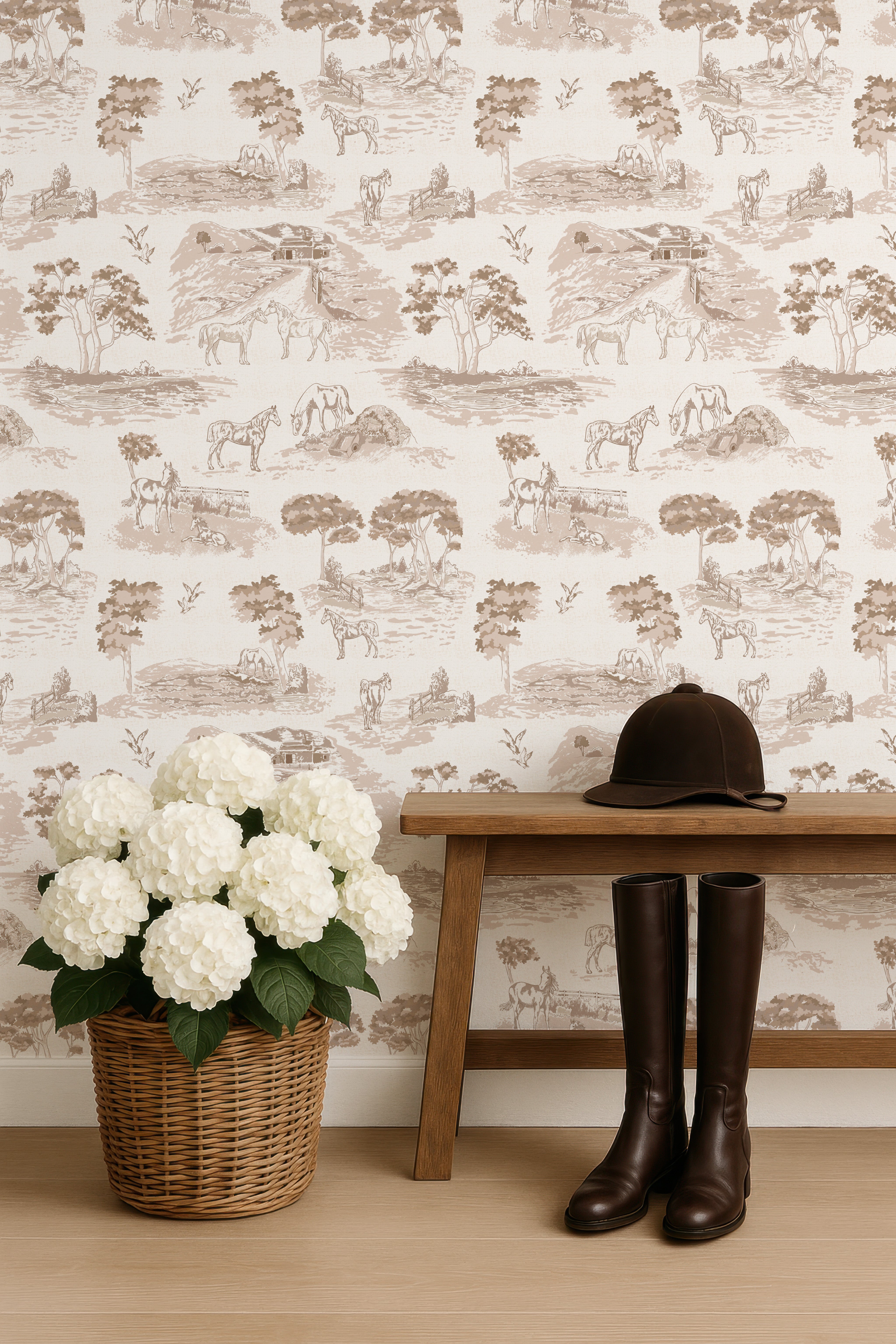 Pastoral Horses Equine Toile Bronze peel and stick wallpaper room mockup
