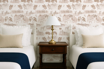 Pastoral Horses Equine Toile French Gray peel and stick wallpaper room mockup