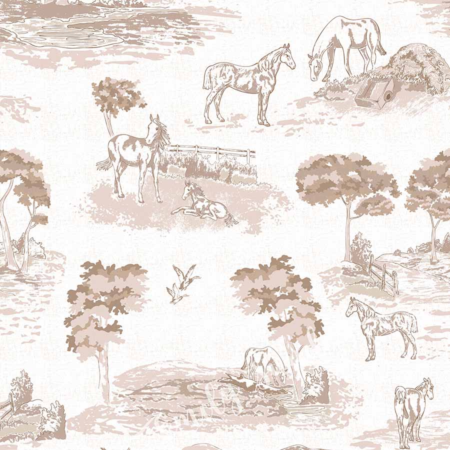 Pastoral Horses Equine Toile Bronze peel and stick wallpaper pattern swatch