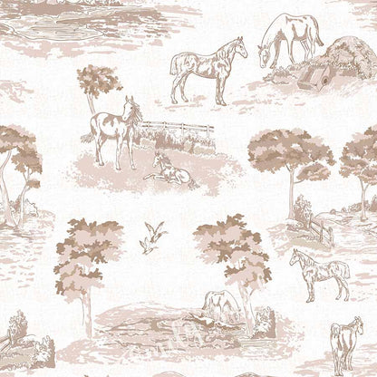 Pastoral Horses Equine Toile Bronze peel and stick wallpaper pattern swatch