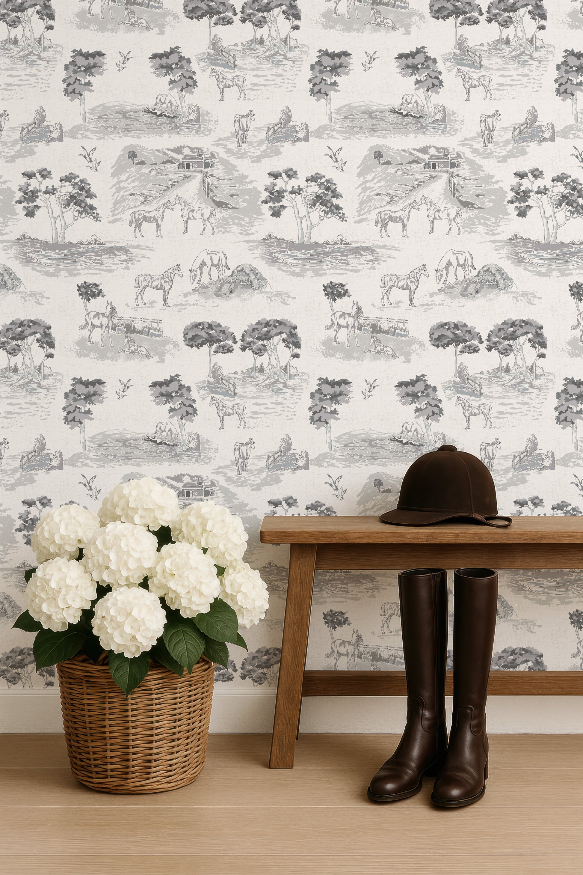 Pastoral Horses Equine Toile Pink peel and stick wallpaper room mockup