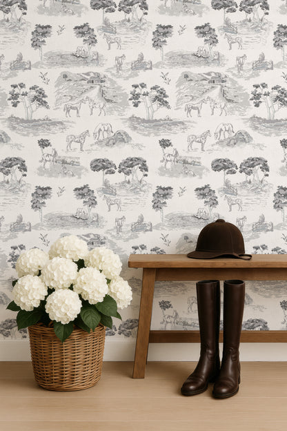 Pastoral Horses Equine Toile Pink peel and stick wallpaper room mockup