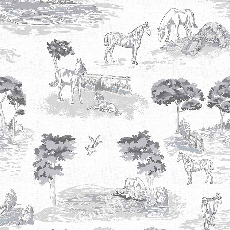 Pastoral Horses Equine Toile French Gray peel and stick wallpaper pattern swatch