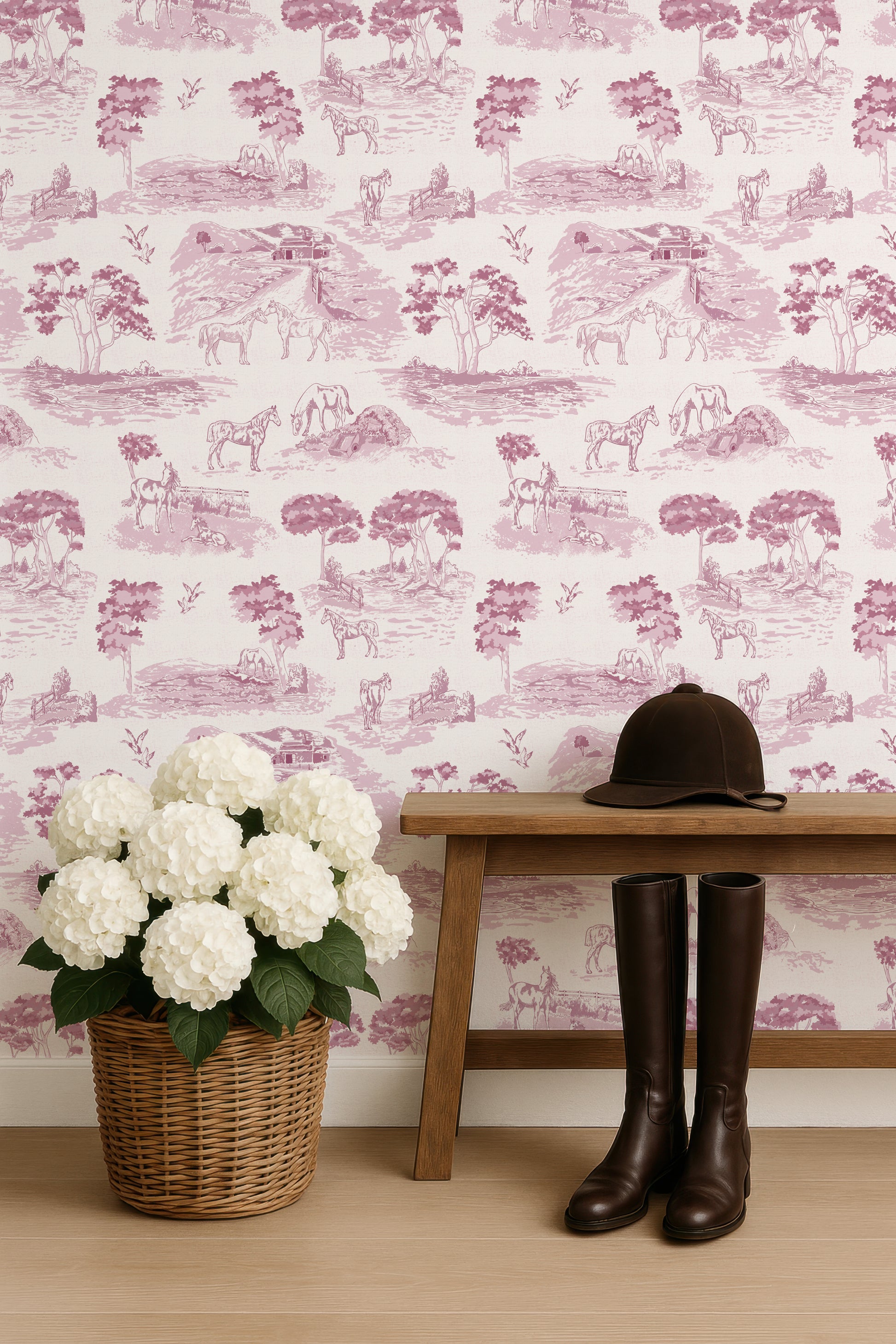 Pastoral Horses Equine Toile Pink peel and stick wallpaper room mockup