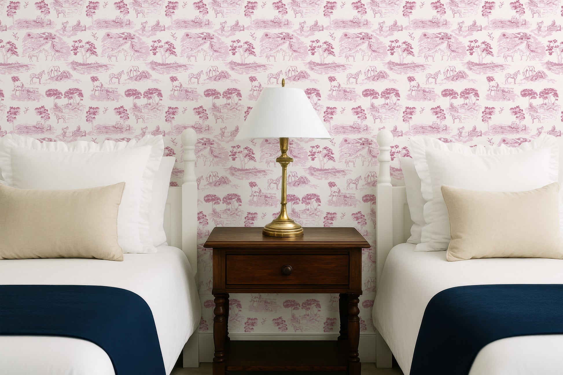 Pastoral Horses Equine Toile Pink peel and stick wallpaper room mockup