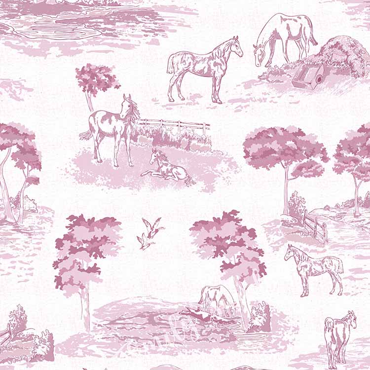 Pastoral Horses Equine Toile Pink peel and stick wallpaper pattern swatch
