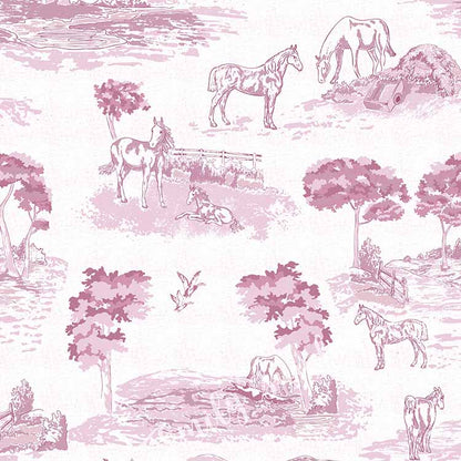 Pastoral Horses Equine Toile Pink peel and stick wallpaper pattern swatch