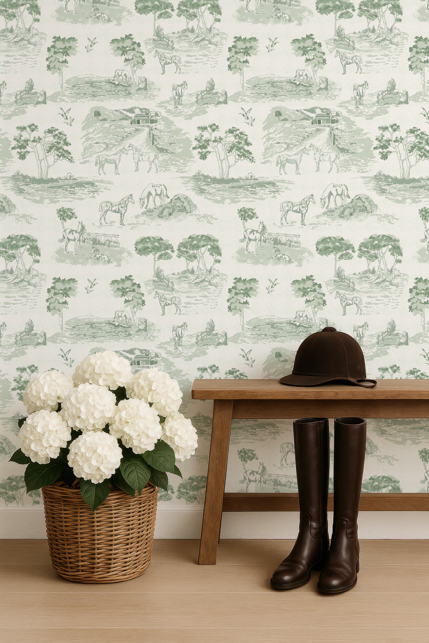 Pastoral Horses Equine Toile Sage Green peel and stick wallpaper room mockup