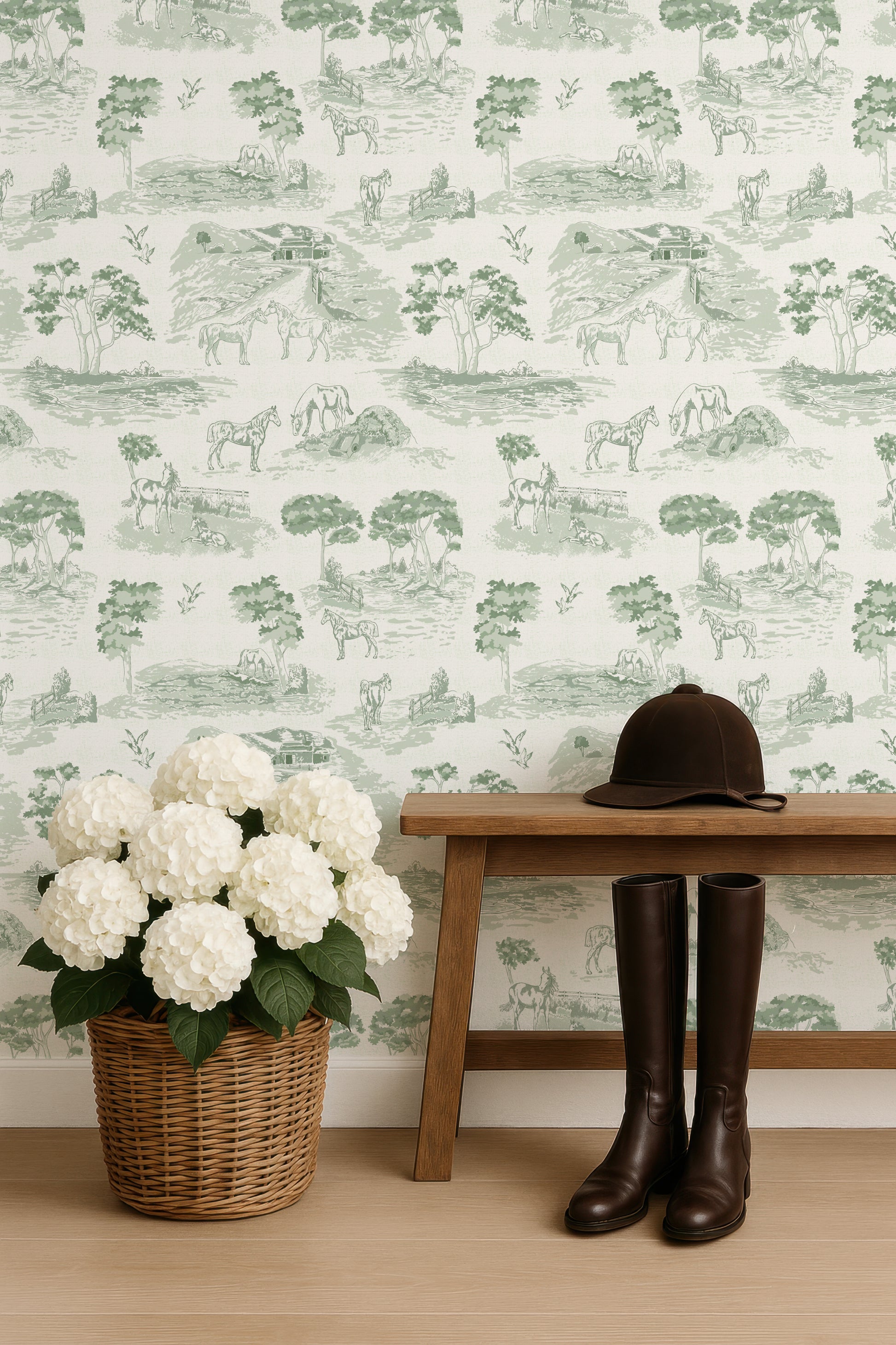 Pastoral Horses Equine Toile Sage Green peel and stick wallpaper room mockup