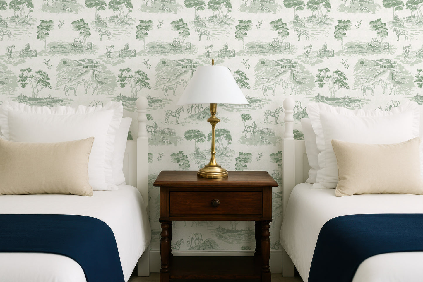 Pastoral Horses Equine Toile Slate Blue peel and stick wallpaper room mockup
