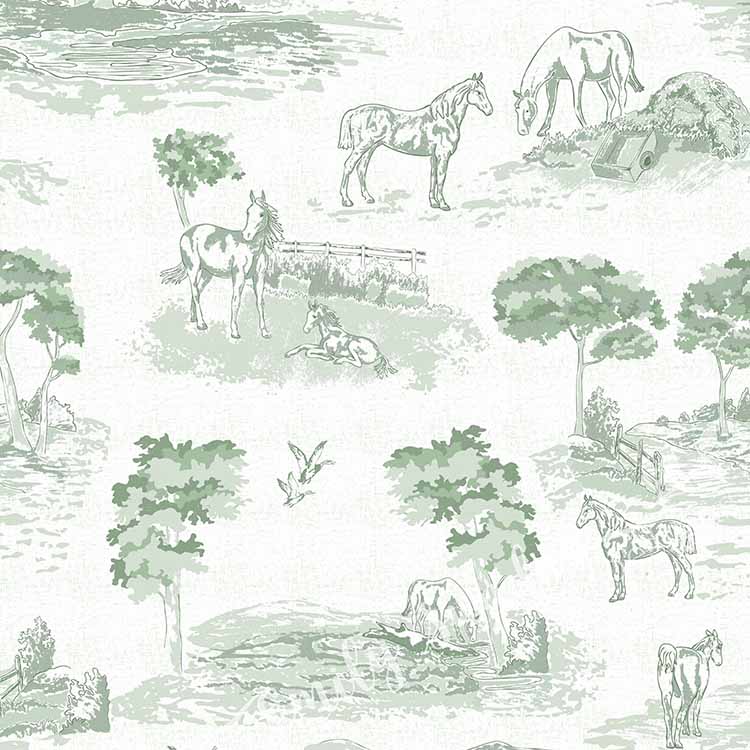 Pastoral Horses Equine Toile Sage Green peel and stick wallpaper pattern swatch